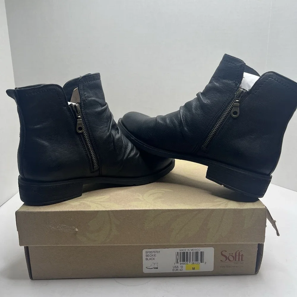 Sofft Beckie Black Leather Ankle Boots Womens 10 M Ruched Slouch Zipper
